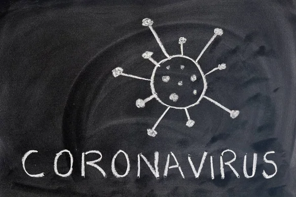 Parola Coronavirus Scritta Sulla Lavagna Con Gesso Disegno Del Virus — Foto Stock