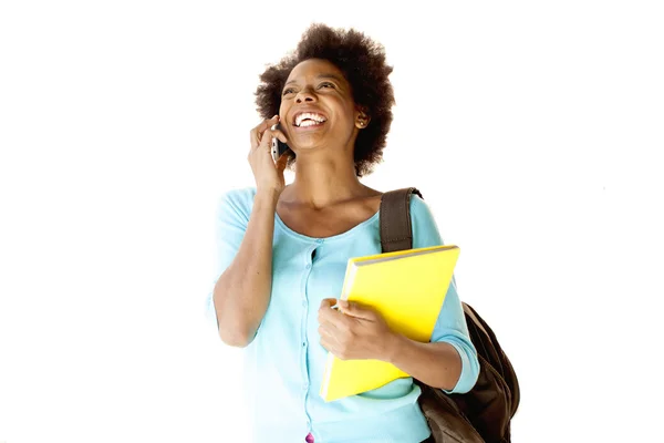 Mujer afroamericana con libro en el teléfono — Foto de Stock