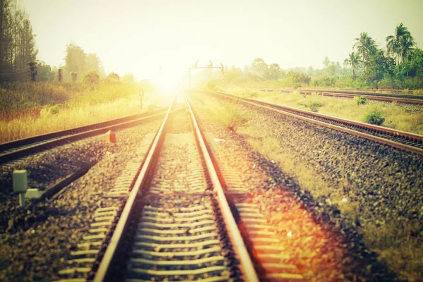 Soft focus of landscape of railroad tracks at train station in s
