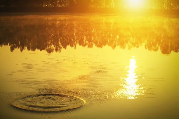 Foco suave de onda de água no lago com névoa e nascer do sol no mo — Fotografia de Stock