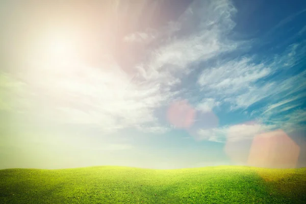 Тонкий фокус резкого закатного неба с зеленой травой, облаками и f — стоковое фото