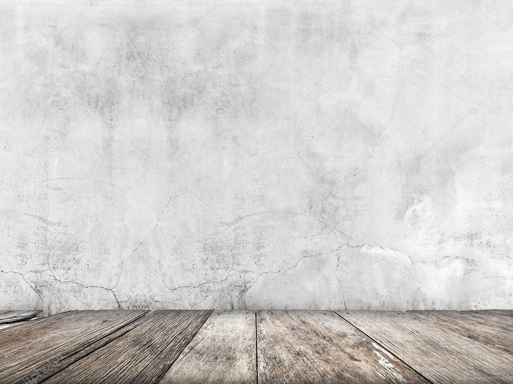 Grungy background of natural cement old texture as a retro wall. Empty cement wall and wood floor background with space. Retro or Vintage background.