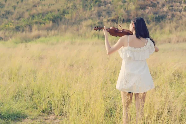 Mulher bonita de pé Tocando violino no prado — Fotografia de Stock