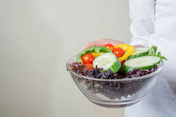 Hands of beautiful woman holding big bowl of fresh veggie salad — Stock Photo, Image