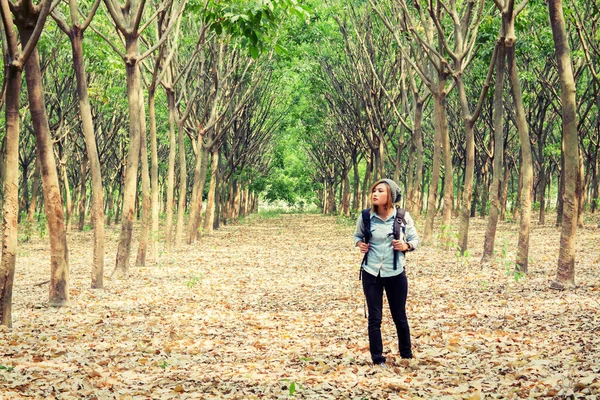Όμορφη νεαρή γυναίκα που μεταφέρουν σακίδιο περπάτημα στο δάσος — Φωτογραφία Αρχείου