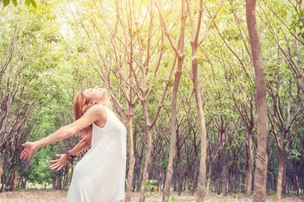 Freedom enjoy natural concept Young beautiful asian women stretc — Stock Photo, Image