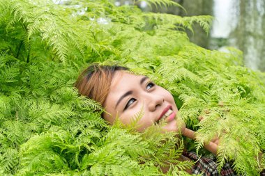 ağaçlar, eğrelti otları gülen bir koru güzel kadın.