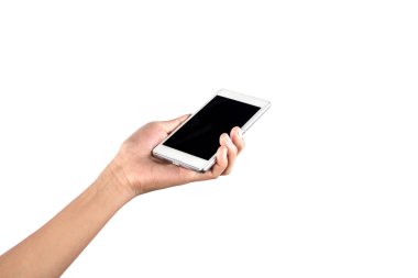 Cep telefonu üzerinde beyaz bac izole yazarak bir kadının yakın çekim