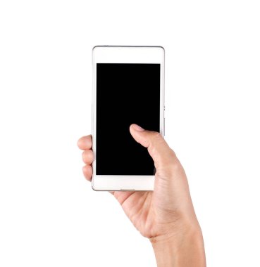 Cep telefonu üzerinde beyaz bac izole yazarak bir kadının yakın çekim