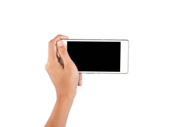 Cep telefonu üzerinde beyaz bac izole yazarak bir kadının yakın çekim