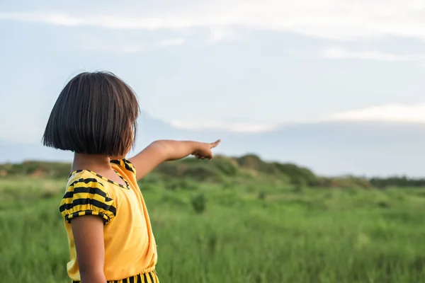 Menina apontando sua mão para o céu . — Fotografia de Stock