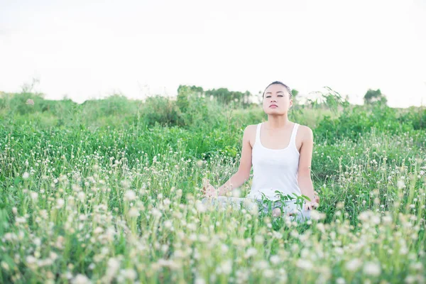Fiatal jóga nő lótusz póz: meadows. — Stock Fotó