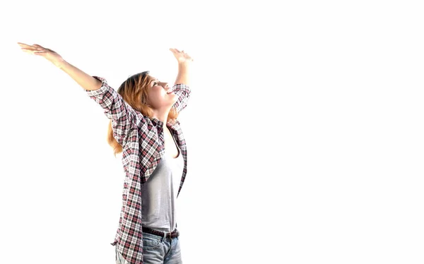 happy hipster elated woman with arms out raised up isolated on w