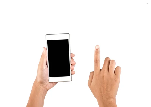 Close-up de uma mulher digitando no telefone celular isolado no bac branco — Fotografia de Stock