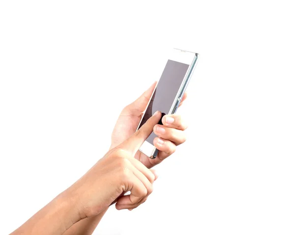 Close-up van een vrouw te typen op mobiele telefoon geïsoleerd op witte bac — Stockfoto