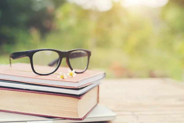 Boek en oog glazen voor lezen en schrijven over vage aard outd — Stockfoto