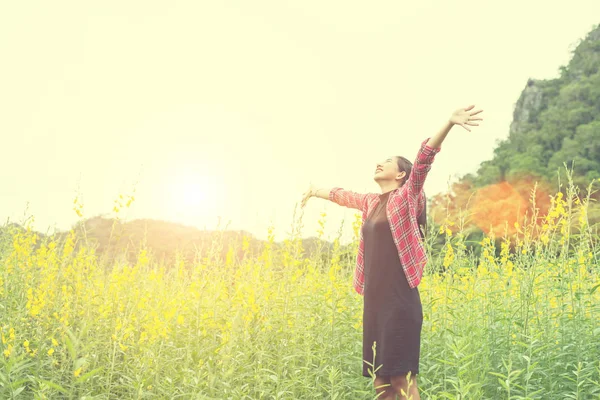 Jovem mulher feliz levantando as mãos no campo de flores amarelas no pôr do sol — Fotografia de Stock