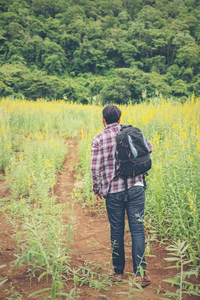 Vista trasera del joven hipster hombre con mochila senderismo en el bosque . — Foto de Stock