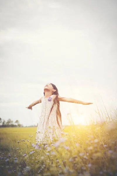Pouco bonito asiático menina de pé entre o roxo flor campo su — Fotografia de Stock