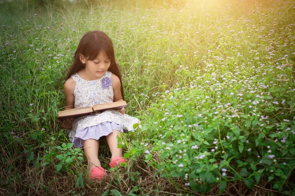 Pouco bonito asiático menina leitura livro no natureza . — Fotografia de Stock