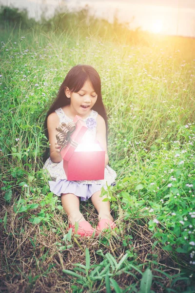 Menina sentada no campo com um presente e olhando para ele , — Fotografia de Stock