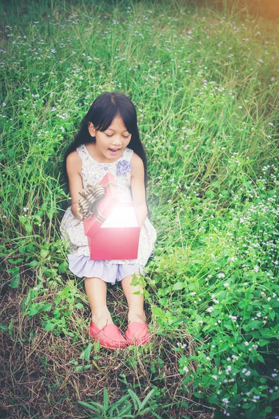 Menina sentada no campo com um presente e olhando para ele , — Fotografia de Stock