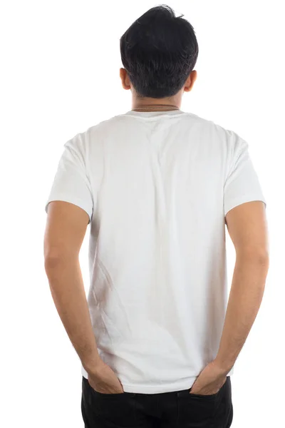 Costas de homem jovem com t-shirt branca, isolado no backgrou branco — Fotografia de Stock