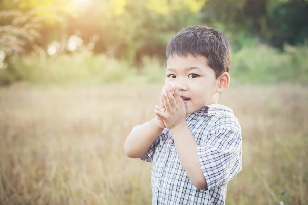 Feliz menino asiático brincando ao ar livre. Aproveita a vida. Bonito asiático — Fotografia de Stock