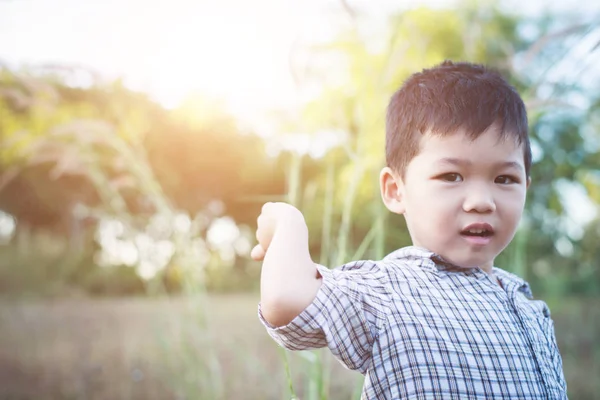 Close up of cute asian boy playing and smiling outdoors. Cute li — Stock Photo, Image