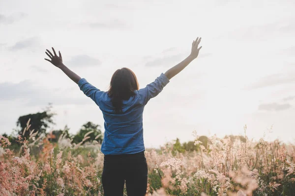 Jovem mulher feliz desfrutar no campo no pôr do sol . — Fotografia de Stock