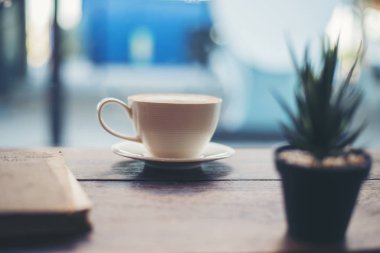 Küçük yeşil kaktüs bitki üzerinde kahve masada ile sıcak taze kahve