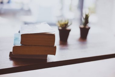 Ahşap masa modern iç arka plan üzerinde kitapla kaktüs çiçeği