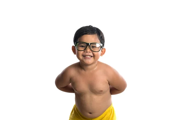 Happy little cute asian boy wear glasses with happy face smile t — Stock Photo, Image