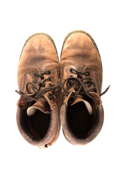 Pair of old brown working boots Isolated on white background. — Stock Photo, Image