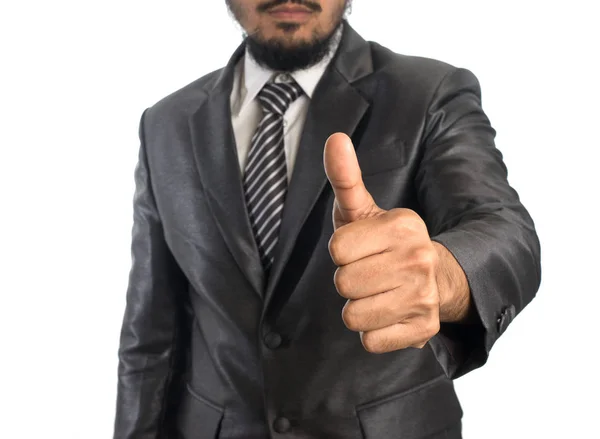 Stilig affärsman med tummen upp gest isolerad på vit ba — Stockfoto