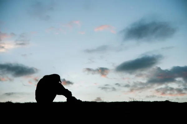 Silhouette Sad Woman Head Knees Sunset — Stock Photo, Image