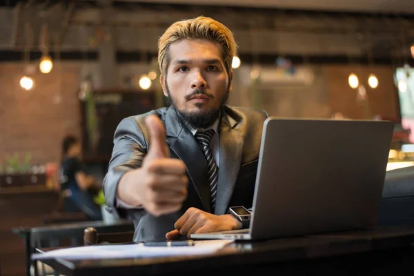 Businessman Thumbs While Working Laptop Computer Coffee Shop — Stock Photo, Image