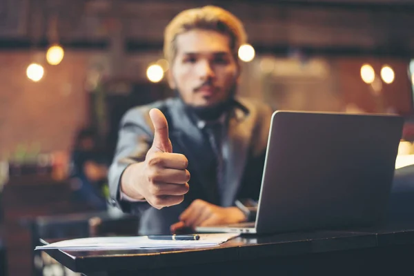 Businessman Thumbs While Working Laptop Computer Coffee Shop — Stock Photo, Image