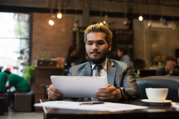 Businessman Reading Newspaper Having Coffee Cafe — Stock Photo, Image
