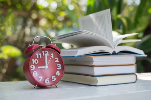 Sveglia Rossa Con Libro Sfondo Casa Natura Giardino — Foto Stock