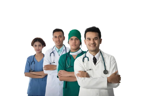 Grup Beyaz Arka Plan Üzerinde Üzerinde Stetoskoplar Ile Tıp Doktoru — Stok fotoğraf