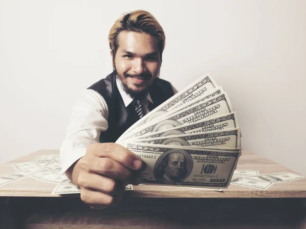 Hombre Negocios Feliz Con Muchos Billetes Dólar Concepto Éxito Empresarial — Foto de Stock