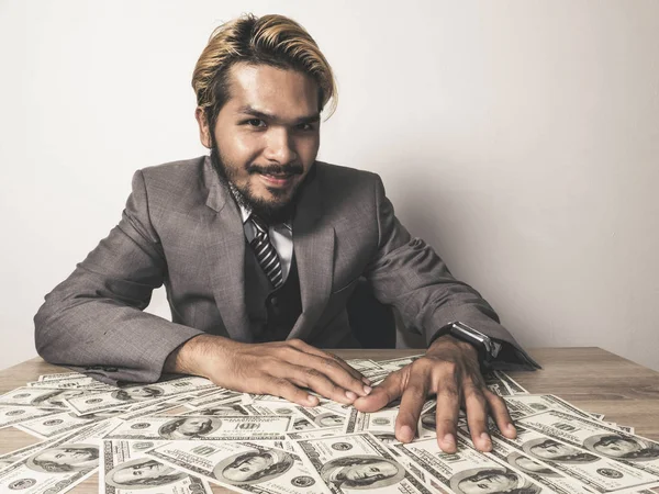 Hombre Negocios Feliz Con Muchos Billetes Dólar Concepto Éxito Empresarial — Foto de Stock
