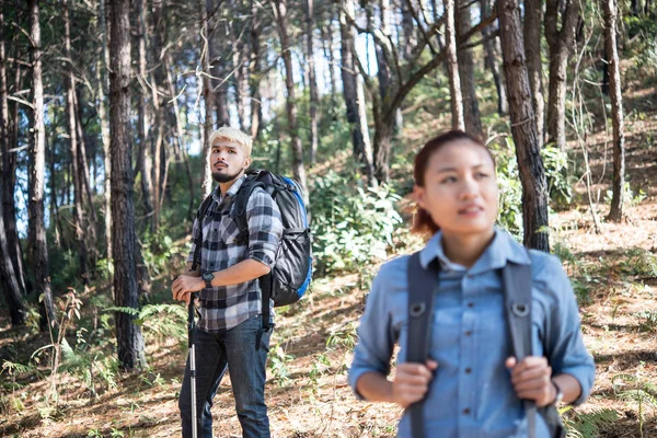 Hiking Çift Backpacker Çam Ormanı Içinde Yakın Çekim — Stok fotoğraf