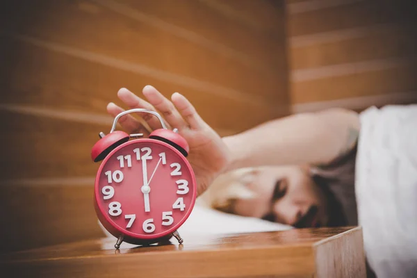 Man Trying Turn Alarm Clock Waking Morning — Stock Photo, Image