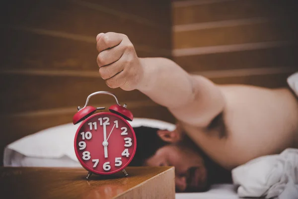 Man Being Awakened Alarm Clock His Bedroom — Stock Photo, Image