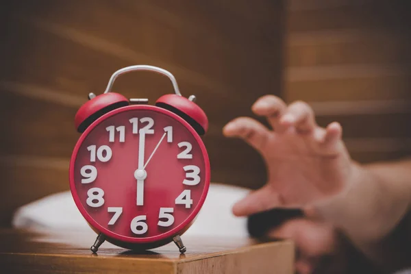 Man Being Awakened Alarm Clock His Bedroom — Stock Photo, Image