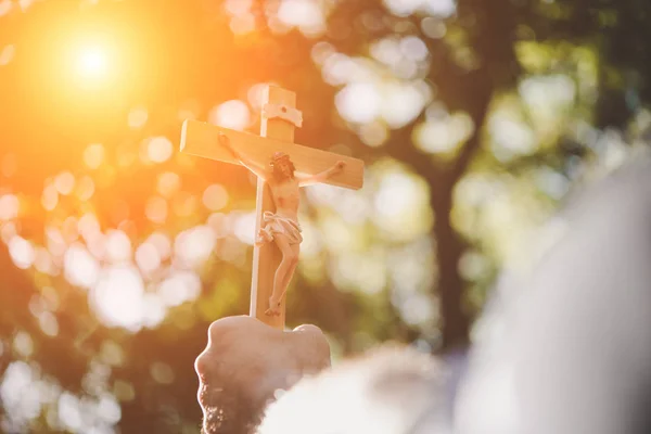 Male Hands Holding Wooden Jesus Cross Sky Nature Background — Stock Photo, Image