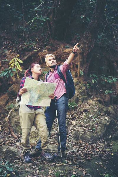 Genç Turizm Kaç Konumlar Bulmak Için Harita Arıyorum Ormandaki Tatil — Stok fotoğraf