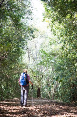 Macera genç adam bir sırt çantası ile dağlarda hiking.